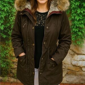 1 MADISON Brown Faux Fur Hood Expedition Parka, S